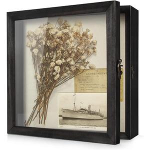 TJ.MOREE Flowers Shadow Box Display Case Large Shadow Box Frame with Glass Window Door Picture Frame Wedding Bouquet Memorabilia Medals Photos Memory Box for Keepsakes - (Rustic Black, 11 x 11 )