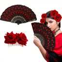 2 Pcs Mexican Rose Hair Clip & Sequined Folding Fan Set - Flamenco Costume Hair Jewelry & Hand Fan for Women