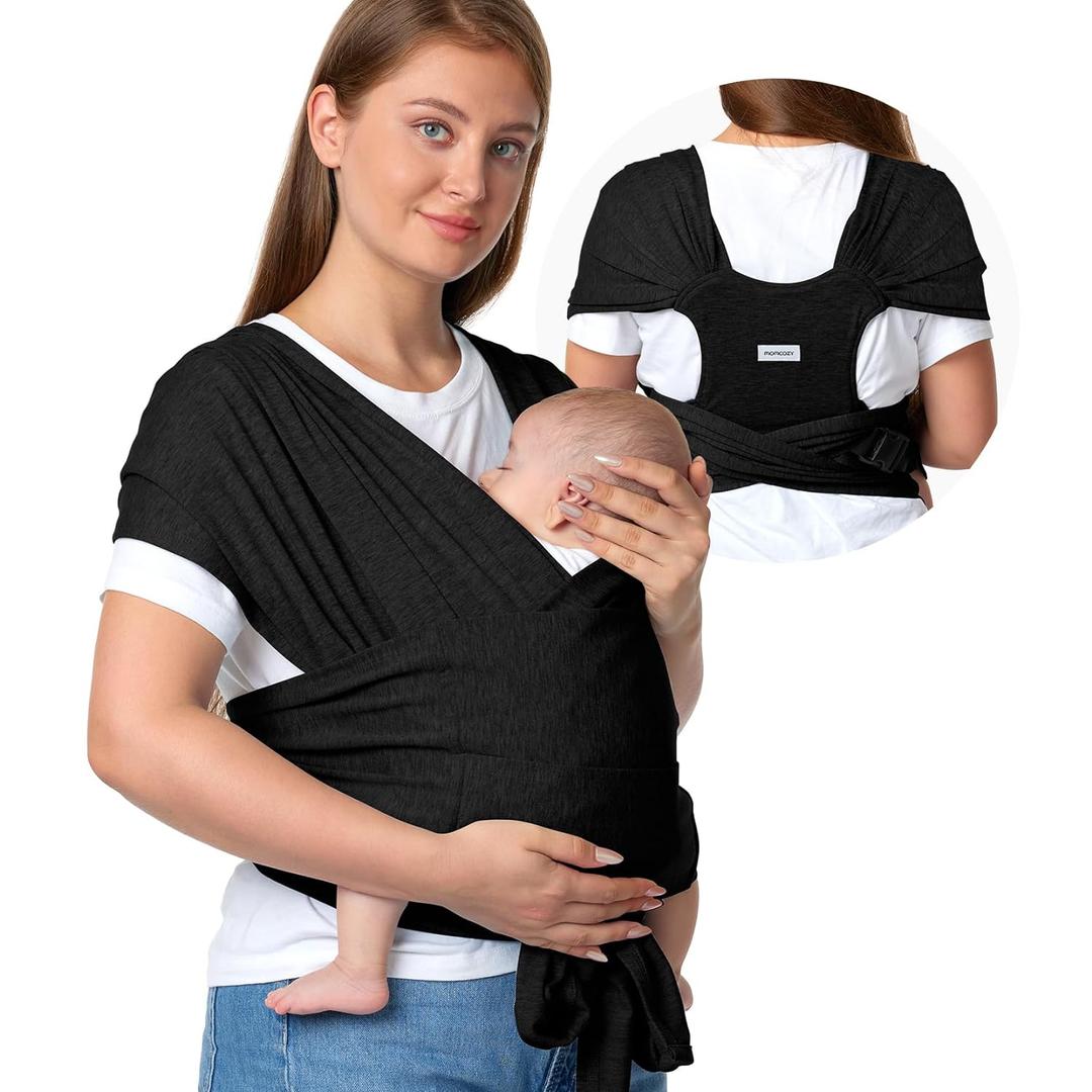 Momcozy Baby Wrap Carrier Skin-Friendly Fabric, Easy to Wear Baby Carrier Sling T-Shirt Design, Hands Free Baby Carriers Newborn to Toddler 8-35lbs, Adjustable Buckle Suit for Waist Waist 47-57, Black (Plus)