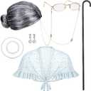 BBTO 100 Days of School Costume Old Lady Costume for Kids Granny Wig Shawl Grandma Outifits with Glasses and Accessories