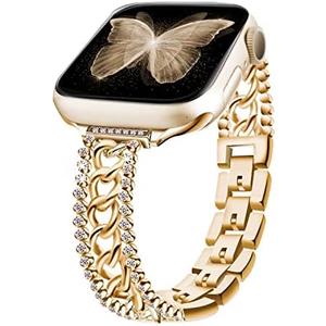 beu1st Bling Chain Bracelet Compatible Band 41mm 40 mm 38mm, Women Dressy Glitter Diamond Rhinestone Stainless Steel Metal Bands for Iwatch Series 9/8/7/6/5/4/3/2/1/SE Gold