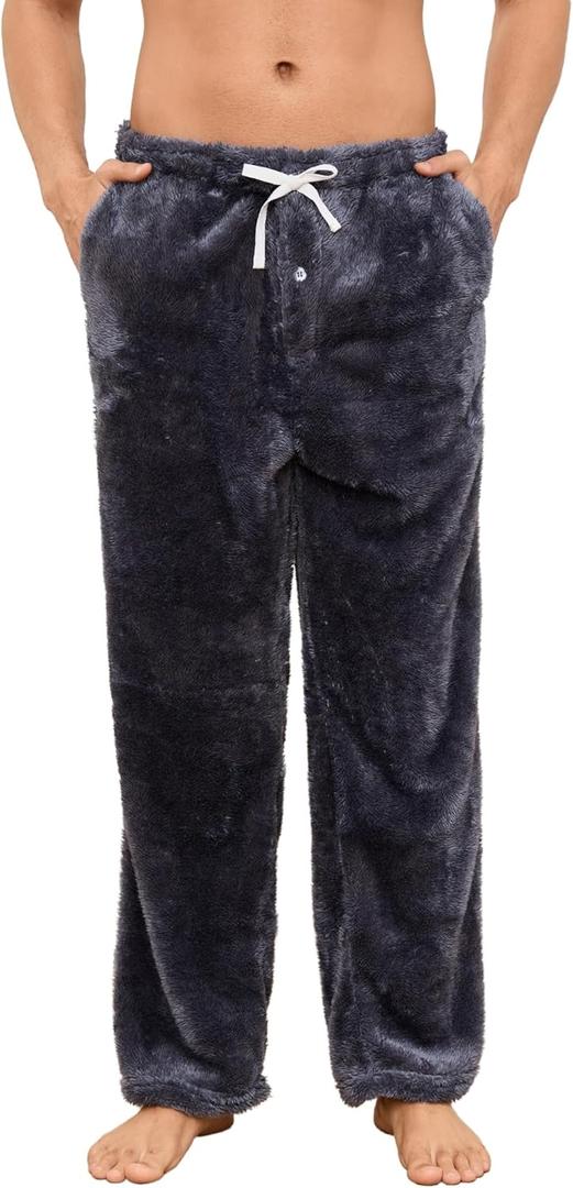 Vulcanodon Mens Plush Warm Pajama Pants, Fluffy Soft Fleece Sleep Pant with Pockets Lounge Pj Bottoms for Men (Large, Dark Grey)