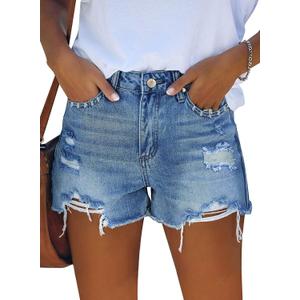ZOLUCKY Women's Casual Summer Denim Shorts Mid Waisted Stretchy Ripped Jean Shorts with Pockets (XL, E Light Blue)