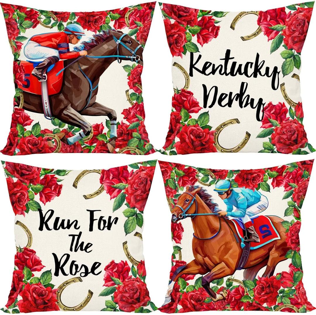 Linen Kentucky Pillow Covers 18x18 Set of 4 Run for The Roses Pillow Case Horse Race Decorations Horseshoe Horse Game Bed Couch Sofa Pillow Car Chair Pillow