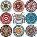 Coasters for Drinks,AODINI Set of 8 Absorbent Stone Coasters for Wooden Table, Mandala Ceramic with Cork Base, Gift for Housewarming Birthday and Family  Great Home and Dining Room Decor