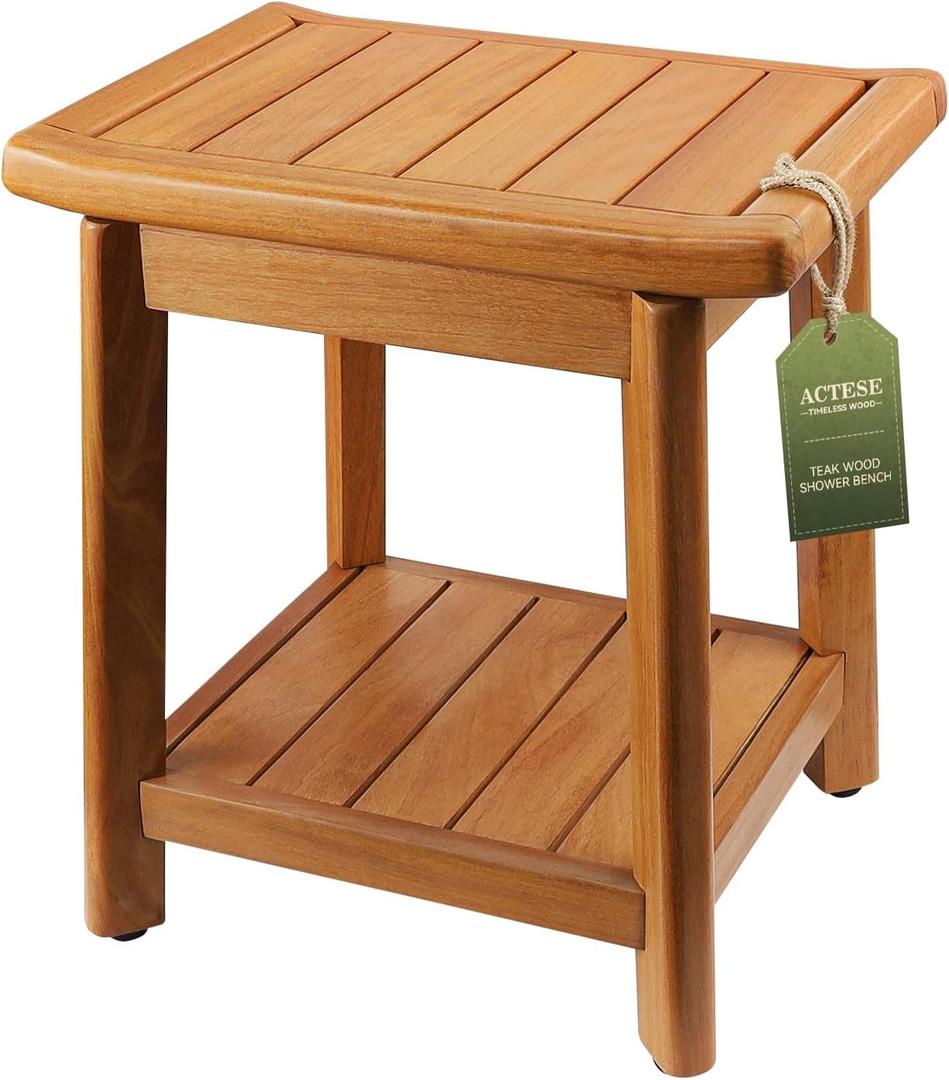 Teak Shower Bench - 100% Solid Teak Wood Shower Chair with Towel Bars & Storage Shelf, Stable Non-Slip Bathroom Stool for Elderly & Recovery, Heavy Duty Shower Seat for Inside Shower & Tub (14-Small)