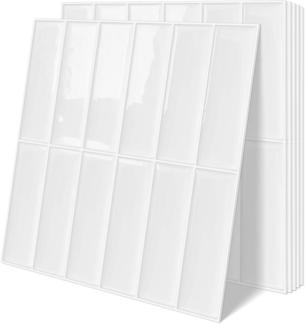 Plain White Peel and Stick Backsplash Tile Rectangle Subway Self Adhesive Wall Tiles for Kitchen (10-Sheet,12"x12")