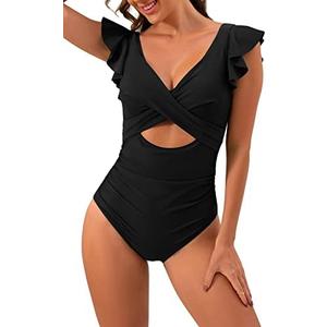 B2prity Women's One Piece Swimsuit Ruffle Cutout Bathing Suits Slimming Tummy Control V Neck Wrap Swimwear. 8W, Black