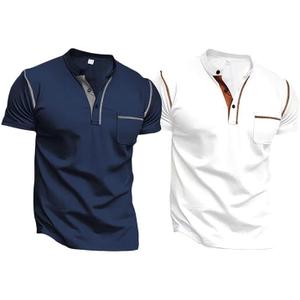 2 x T-Shirt Men's 1/4 Zip Stand-Up Collar T-Shirts Slim T-Shirt with Chest Pockets Plain Short Sleeve Pullover Lightweight Leisure Tops Comfortable Summer Sports Short Sleeve Shirt Regular Fit Running (White, XL)