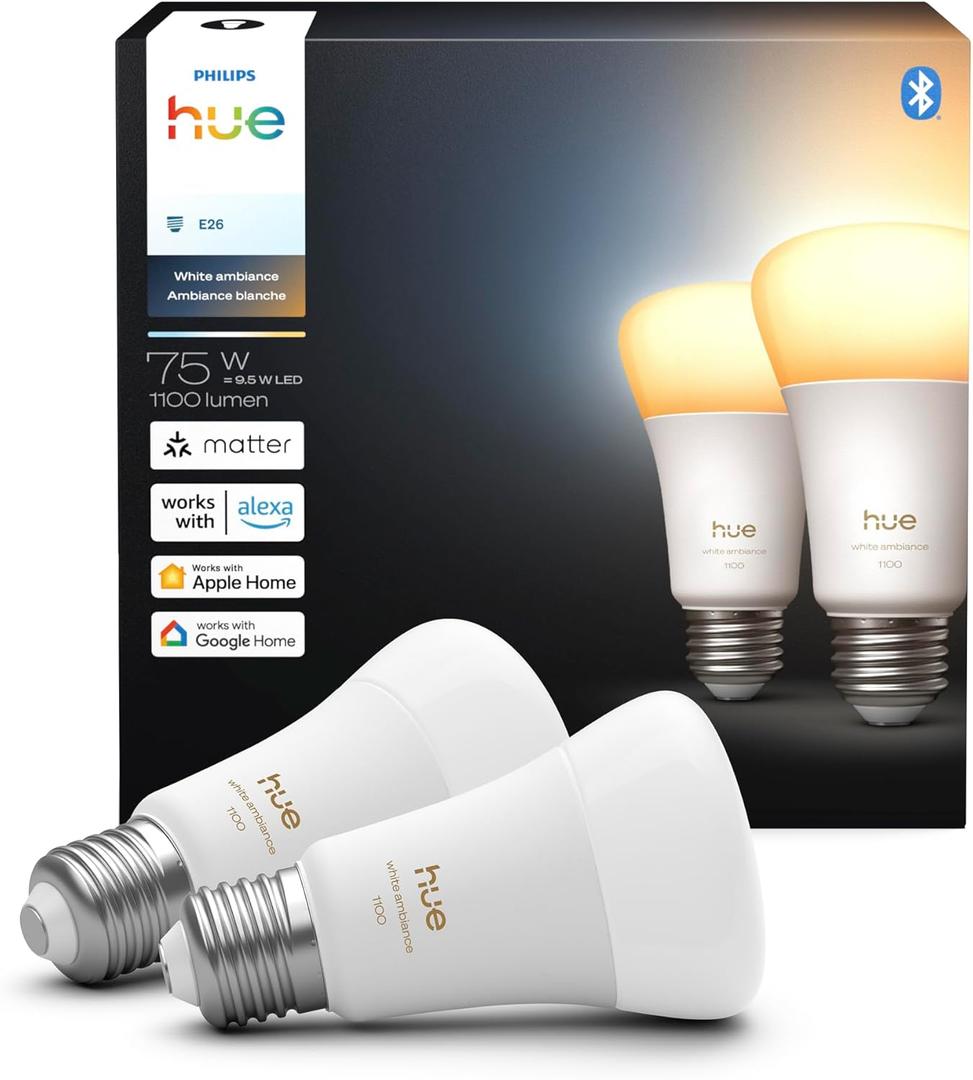 Philips Hue Smart LED A19 Bulb, White Ambiance, E26 Base, 9.5W, Full Spectrum Light 1000K-20000K, 1100 Lumens, Dimmable, Works with Alexa, Google, and Apple Home, 2pk