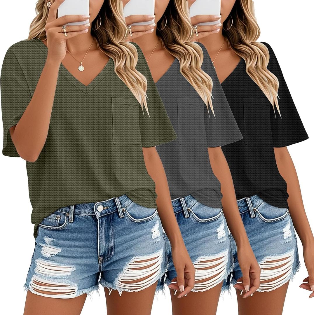 Riyiper 3 Pack Womens V Neck T-Shirts Short Sleeve Waffle Knit Oversized Loose Fit Casual Summer Tees Basic Tops (Medium, Army Gree/ Light Gray, Black) Riyiper 3 Pack Womens V Neck T-Shirts Short Sleeve Waffle Knit Oversized Loose Fit Casual Summer Tees Basic Tops (Medium, Army Gree/ Light Gray, Black)