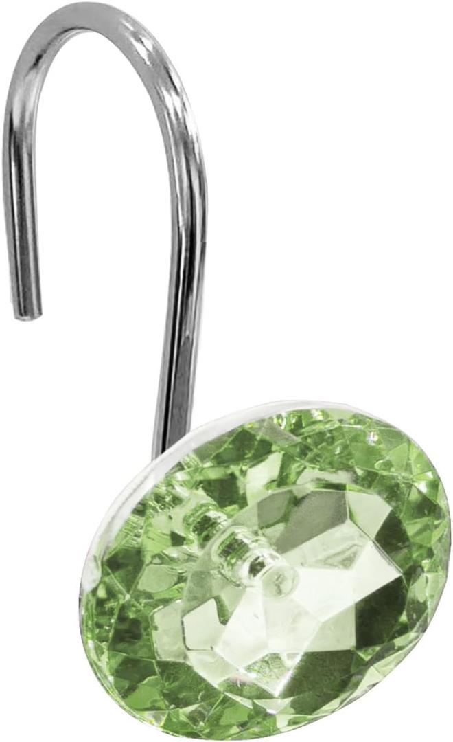 Gibelle Shower Curtain Hooks, Diamond Shaped Shower Curtain Rings Hooks for Bathroom Curtains Rod, Acrylic Decorative Rhinestones Bling Rolling Bathroom Accessories Set of 12, Sage Green