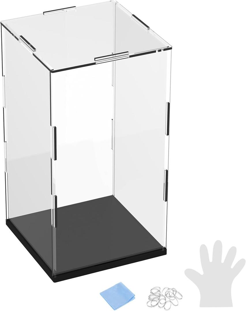 M METERXITY 1-Pack Acrylic Display Case, 3.9x3.9x7.9 Inch/10x10x20cm Acrylic Clear Display Case Box with Black Wooden Base for Collectibles, Dustproof Showcase [Black, Clear]