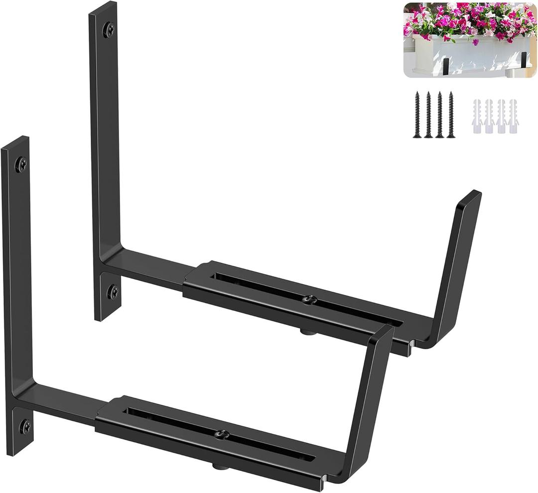 Y&M 2 Pack Adjustable Planter Box Brackets (6 to 12.5 in), Universal Window Box Brackets, Heavy Duty Iron Flower Box Wall Mounting Hooks for Balcony, Fences, Patio, and Garden - Black