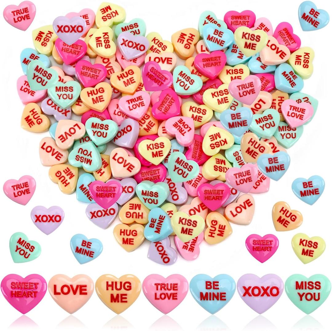 100 Pcs Conversation Hearts Decorations, Resin Candy Hearts for DIY Jewelry Making, Mini Heart Charms with XOXO True Love Phrases, Valentine's Day Craft Supplies