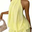 Halter Dress for Women Chiffon Drop Waist Wedding Guest Dresses Flowy Ruffle Mini Dress Brunch Going Out Dresses Cute Dresss (Yellow, M)