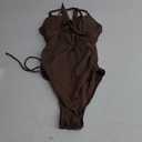 Aleumdr Tummy Control One Piece Swimsuit for Women Sexy V Neck High Cut Bathing Suit Cutout Tie Side Monokini Brown, Small