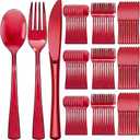 Minatee 150 Pieces Disposable Cutlery Set Plastic Silverware Heavy Duty Utensil Sets 50 Forks 50 Knives 50 Spoons for Home Office School Party Picnics Restaurant Outdoor Events(Red)