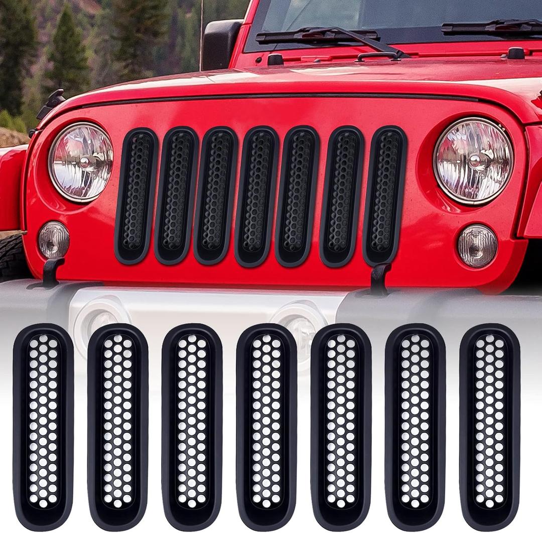 AggAuto Grille Inserts Compatible With Jeep Wrangler JK JKU 2007-2015, Matte Black Car Front Mesh Grill Cover Accessories 7 Pcs