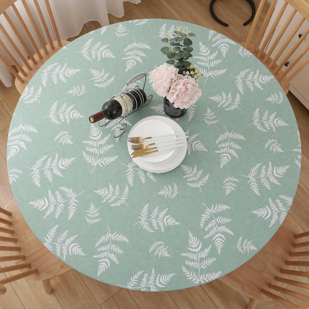 Round Vinyl Fitted Tablecloth, Waterproof Elastic Table Covers Wipeable Flannel Backed Tablecloths for Picnic Camping Indoor and Outdoor (Leaf,Green, Fits 57" to 65" Diameter Tables)