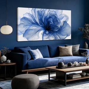 Blue Floral Canvas Wall Art For Living Room Abstract Flower Prints Painting, 48"L x 24"W