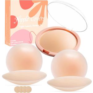 Silicone Nipple Covers Reusable Women: 2 Pairs Sticky Waterproof Seamless Pasties Sports with Travel Case (Circles Crme)