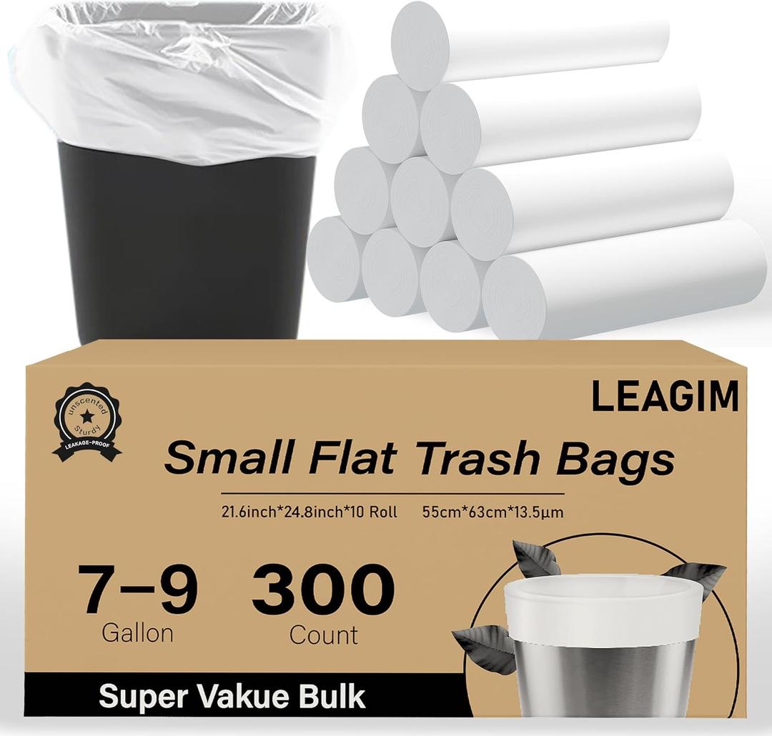 300 Count 7-9 Gallon Trash Bags, 13 Micron Extra Thick 8 Gallon Medium Garbage Bags, Unscented White Wastebasket Trash Can Liners for Bathroom Kitchen Home Office