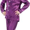 DF-deals Girls Boys Kids Silk Satin Pajamas Set Button-Down Clothes Long Sleeve Loungewear Sleepwear PJS (12-13 Years, Purple)