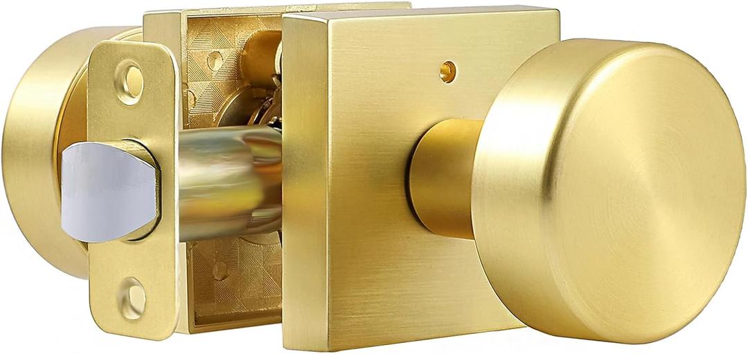 Privacy Gold Door Knobs Interior, Satin Brass Door Knobs Interior with Lock, Heavy Duty Modern Square Brushed Gold Door Handle for Bedroom Bathroom
