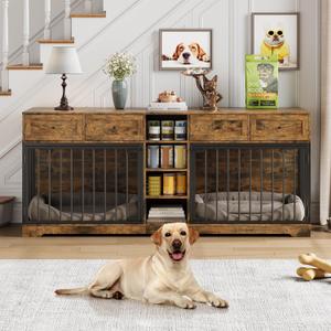 GarveeHome 82 Double Dog Crate Furniture, Large Dog Kennel Indoor for 2 Dogs, Heavy Duty Wooden Dog Crate TV Stand with 4 Drawers and Shelves, Brown GarveeHome 82 Double Dog Crate Furniture, Large Dog Kennel Indoor for 2 Dogs, Heavy Duty Wooden Dog Crate TV Stand with 4 Drawers and Shelves, Brown