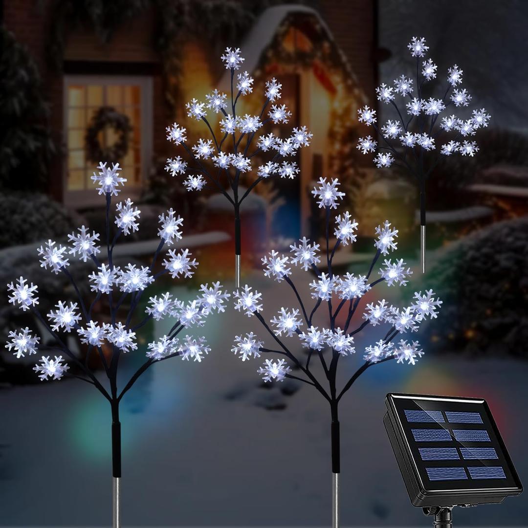 4-Pack 80LEDs Solar Christmas Snowflake Stake Lights, 8 Modes Solar Snowflake Christmas Decorations Outdoor Lights, Waterproof Outdoor Xmas Decorations for Garden Yard Pathway Walkway (Cool White Snowflake)