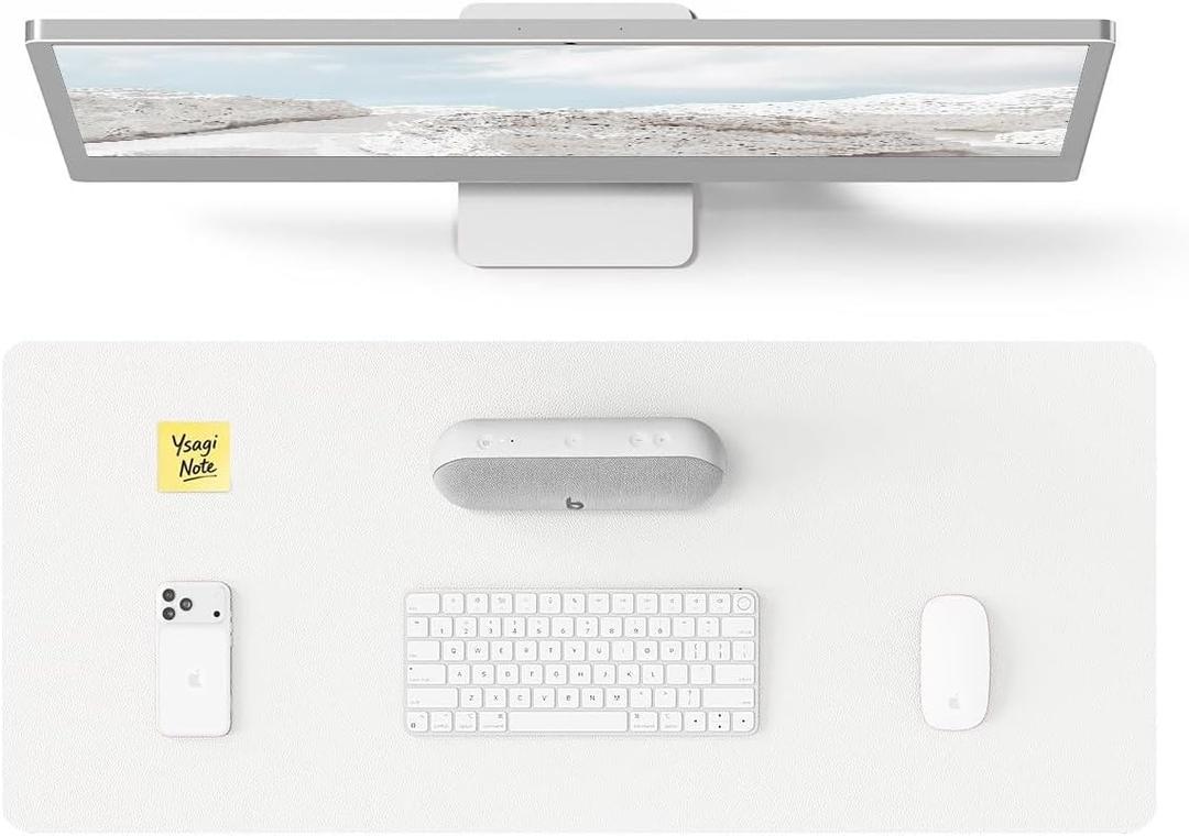 YSAGi Leather Desk Protector, Office Mat, Large Mouse Mat, Non-Slip PU Leather Blotter, Laptop Desk, Waterproof Writing Pad for Office and Home (White, 23.6" x 13.8")