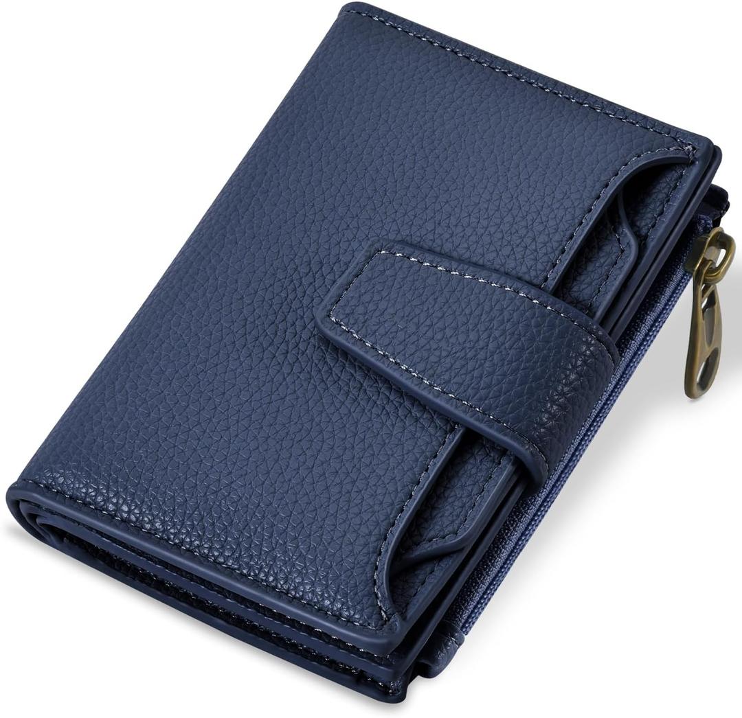 Airkit Small Wallet Women RFID Blocking Soft Leather Bifold Compact Card Holder Wallet for Women with Zipper Coin Pocket 4 ID Window (Treasure Bule)