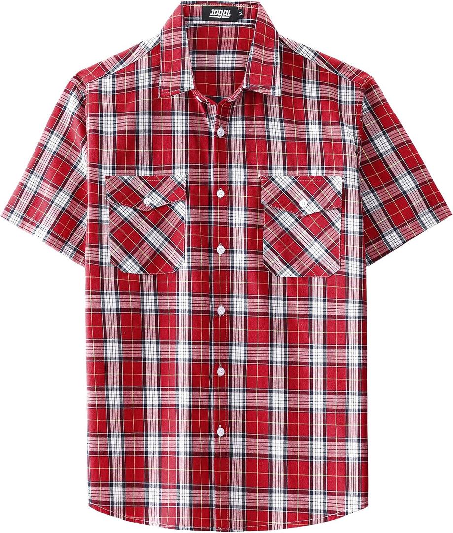 JOGAL Mens Plaid Button Down Shirts Mens Short Sleeve Western Shirts Two Pocket Regular Fit Mens Button Up Casual Shirts (Red, XXL)