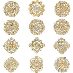 Lot 12pcs Assorted Crystal Rhinestone Flower Brooch Pin Set for Women DIY Bridal Wedding Bouquet Kit