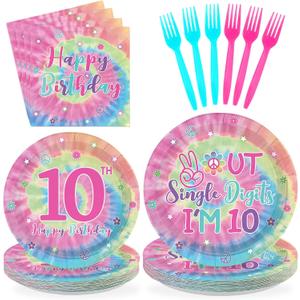 96 Pcs Tie Dye 10th Birthday Party Decorations Out Single Digits I’m 10 Plates and Napkins Disposable Rainbow Pastel Macarons Tableware Set for Girls 10 Years Old Birthday Party Supplies Serves 24