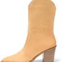 Coutgo Womens Cowboy Mid Calf Boots Chunky Block Heel Pointed Toe Suede Western Cowgirl Boots (6, Khaki)