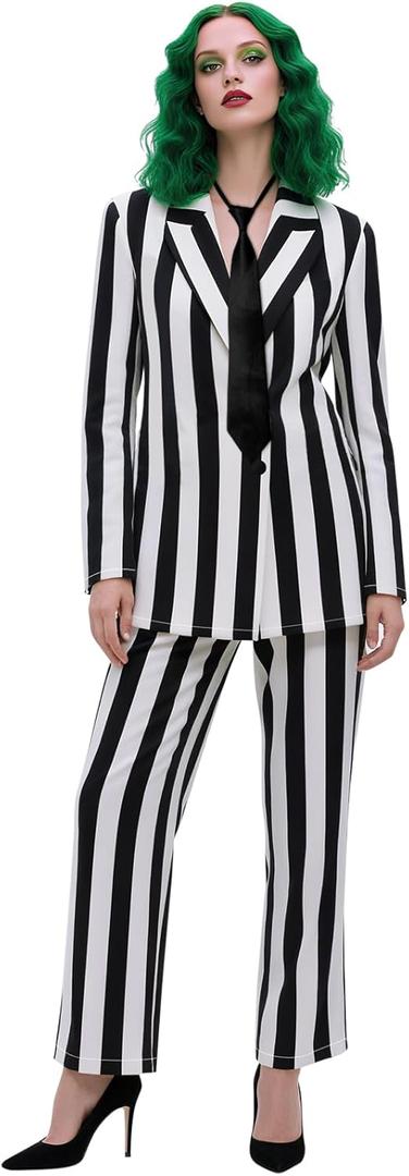 Halloween Women's Black and White Striped Suit with Open Front Striped Blazer, Length Pants and Tie for Women (X-Large)
