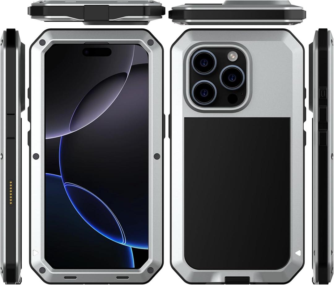 Marrkey for iPhone 16 Pro Max Metal Case 6.9", Heavy Duty Shockproof Aluminum Alloy Tough Armour Military Phone Case, 360 Full Body Protective Cover with Silicone Built-in Screen Protector - Silver