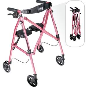 Stander Space Saver Rollator, Lightweight Folding Rolling Walker with Seat for Seniors & Adults, 4-Wheel Mobility Aid with 6-inch Wheels, Locking Brakes & Padded Seat with Backrest, Regal Rose