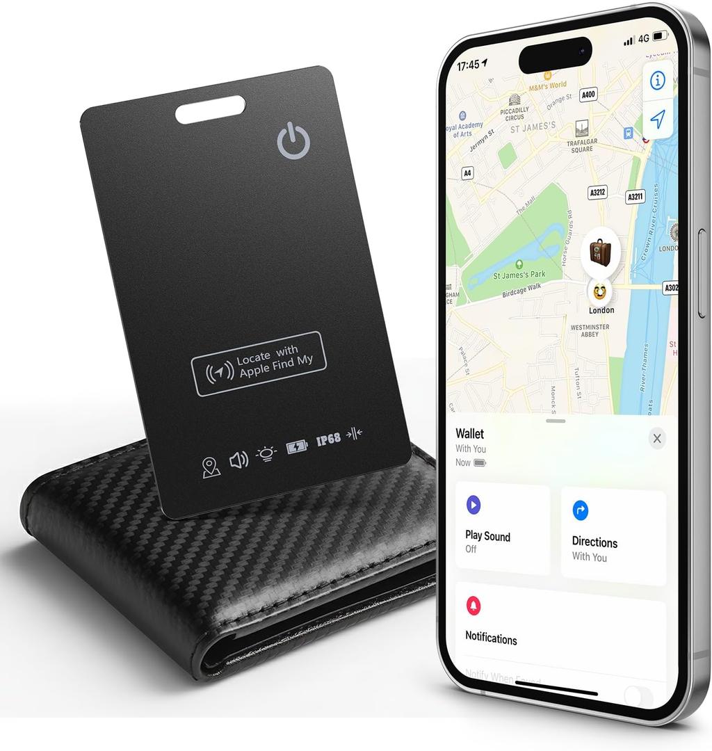 Wallet Tracker Card  Works with Apple Find My [Apple MFi Certified, iOS Only], Slim 1.65mm Bluetooth Item Finder, IP68 Waterproof, Wireless Rechargeable GPS Locator for Wallet, Keys & Luggage (Black)