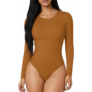 MANGOPOP Women's Round Collar Clothing Short Sleeve Long Sleeve Tops T Shirt Bodysuit(Longsleeve Camel, Medium)