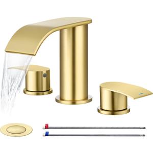 Ultimate Unicorn 8 inch Bathroom Faucet Brushed Gold, Waterfall Bathroom Faucet with Metal Pop-up Sink Drain Stopper and 2 Supply Hoses,2 Handle Widespread Faucets for Vanity Sink 3 Holes