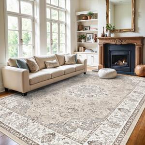 Washable Large 9x12 Area Rug - Living Room Oriental Non Slip Soft Rugs Indoor Low Pile Stain Resistant Carpet for Bedroom Dining Room Farmhouse Distressed Thin Home Decor Floor Mat (9x12 Beige)