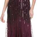 Adrianna Papell Women's Long Beaded V-Neck Dress with Cap Sleeves and Waistband (Size 4)