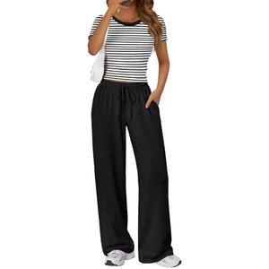Trendy Queen 2 Piece Matching Summer Lounge Set Womens Side Ruching Top Wide Leg Pants Sets with Pockets M