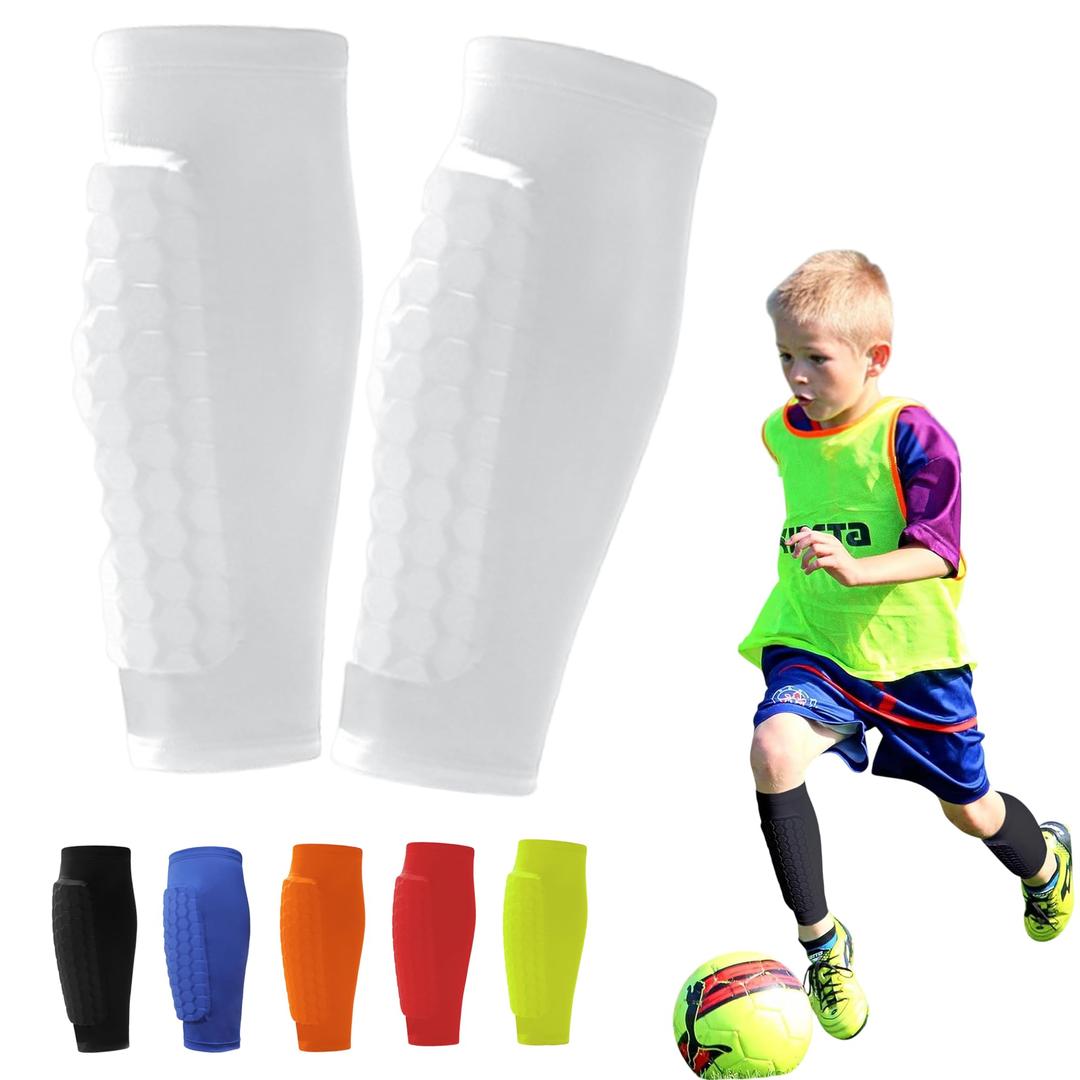 Soccer Shin Guards Pads for Kids Youth Adult, Espinilleras De Futbol para Hombres, Calf Compression Sleeve with Honeycomb Pads, Protective Soccer Gear for Boys, Girls, Small, White