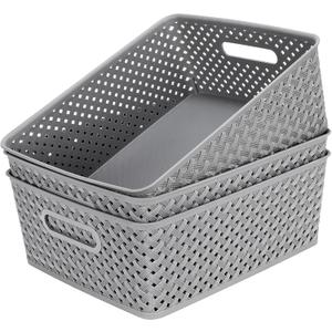 MaxGear Organization and Storage 3 Packs, Plastic Bins Organizer Bins, Woven Baskets for Storage, Plastic Baskets with Handles, Grey Basket for Organizing, Basket Organizer for Home and Office, Large