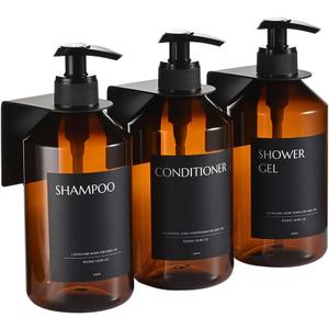 JANXIN Shampoo and Conditioner Dispenser Set of 3 for Wall Mount, 16.9 fl oz Drill Free Shower Soap Bottles with Labels, Refillable Body Wash Dispensers for Bathroom Decor (Amber Bottles + Black Pumps)