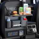 Universal Foldable Car Backseat Organizer with Table Tray, Car Seat Back Protector with Touch Screen Phone Holder, Premium Leather Kick Mats with Storage Pockets Tissue Holder (Black) (1 Pack)